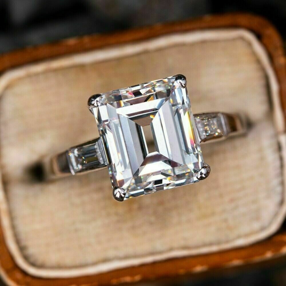 3Ct Emerald Cut Lab Created Diamond Womens Engagement Ring 14K White Gold Plated