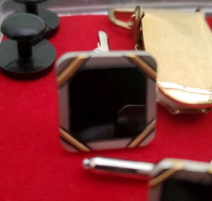 Black Silver Gold Square Formal Cuff Links & Shirt Studs Suspender Clips Tux