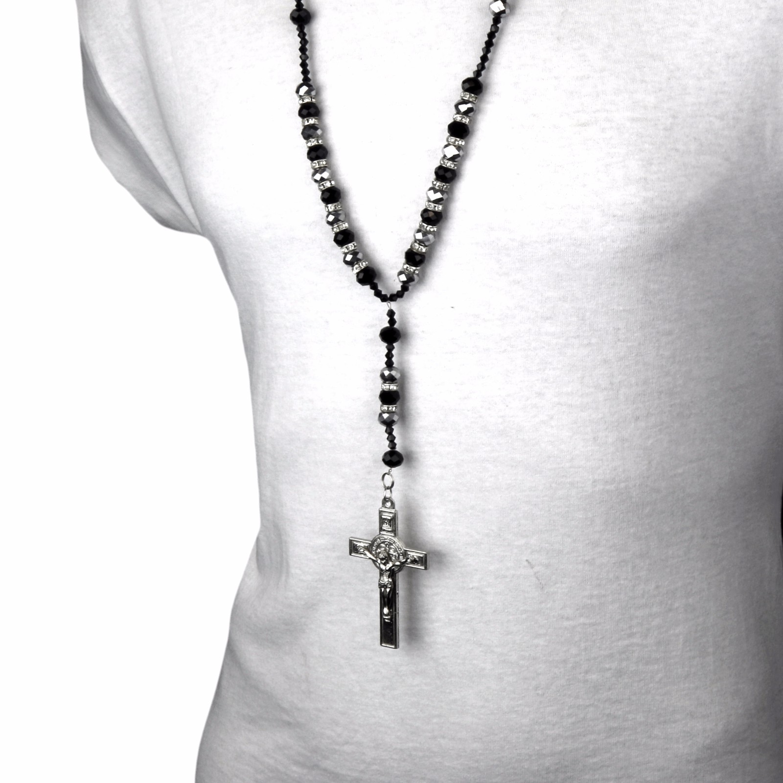 Hip Hop BLACK/GRAY Beads Cubic-Zirconia Rosary Jesus Cross Religious Chain