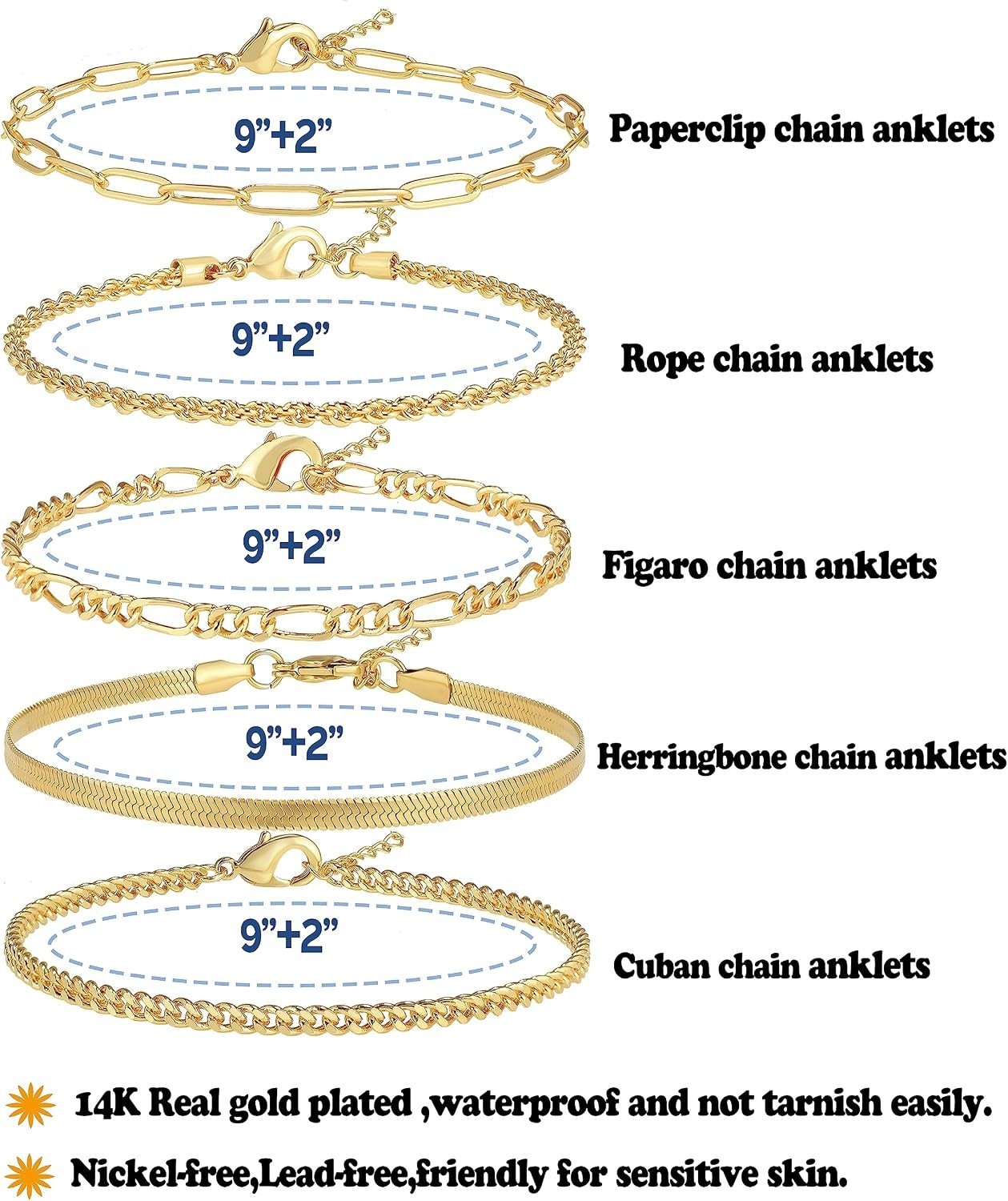Gold Plated Cuban Link Anklet Waterproof Plus Size 9-12in Chain Bracelet Women