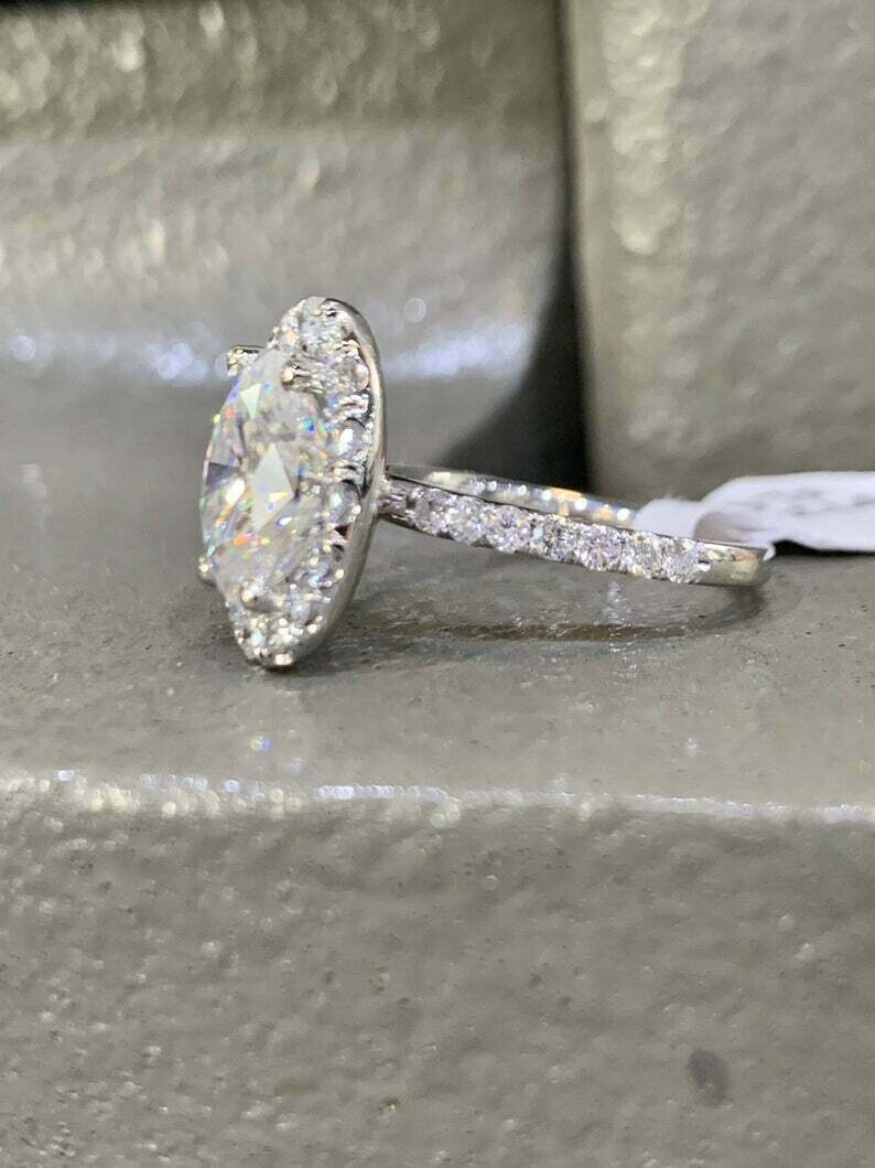 2.10Ct Oval lab created Diamond Halo Engagement Ring 14K White Gold Finish