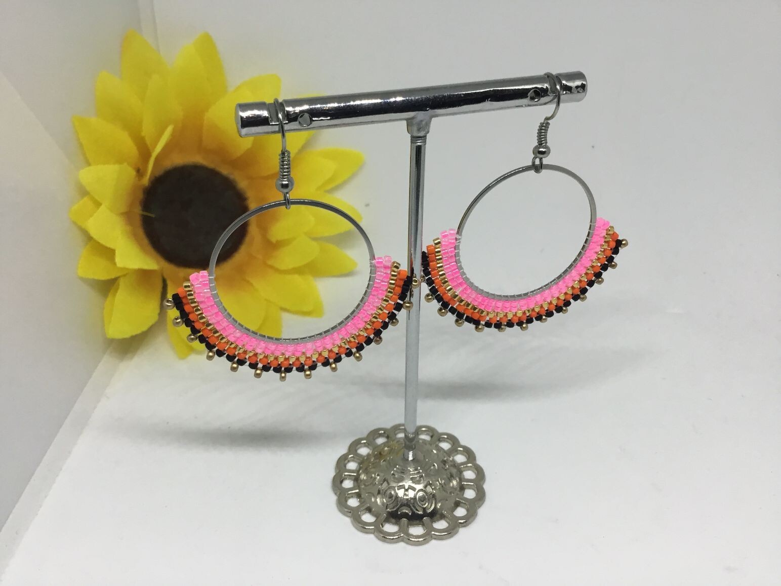 Beaded Hoop Drop Earrings, Wire Hook, Multi-Color, Miyuki Delica beads (Choose)