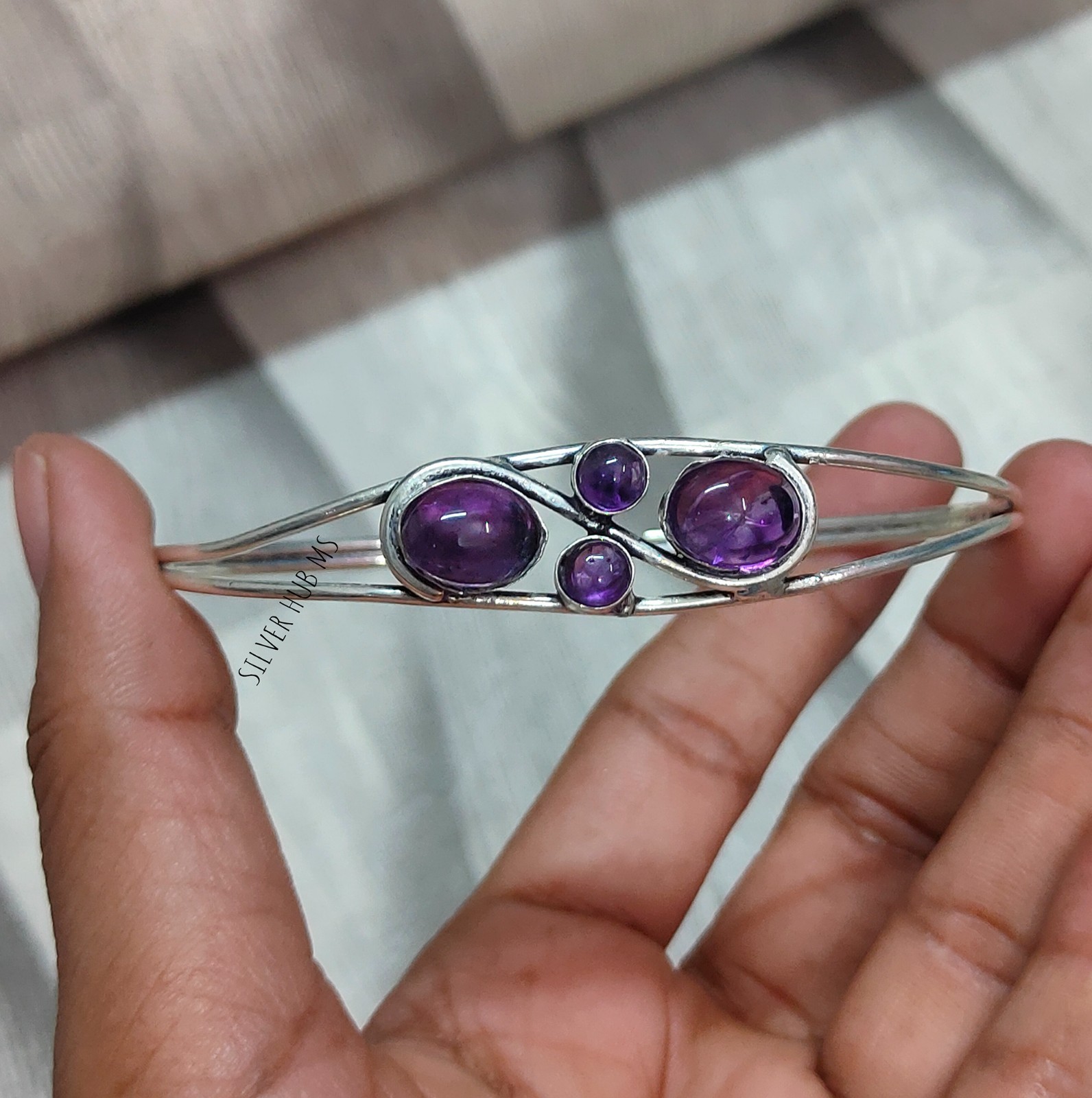 Natural Purple Amethyst Handmade 925 Sterling Silver Four Stone Bangle Cuff