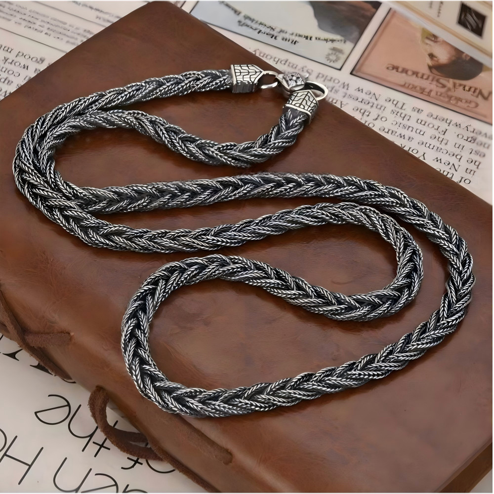 Pure S925 Sterling Silver Chain 6mm Braided Foxtial Link Necklace34-35g 23.6inch
