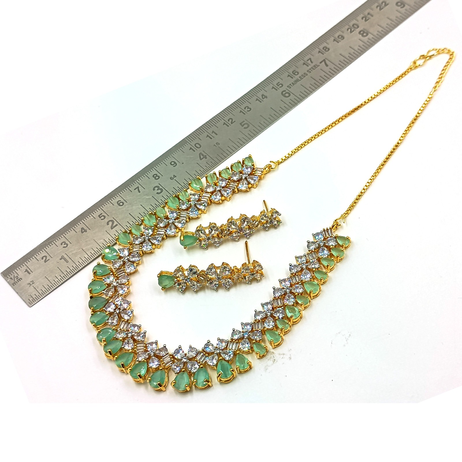 Designer Chalcedony CZ Diamond Gold Plated Necklace Set Bridal Jewelry For Women