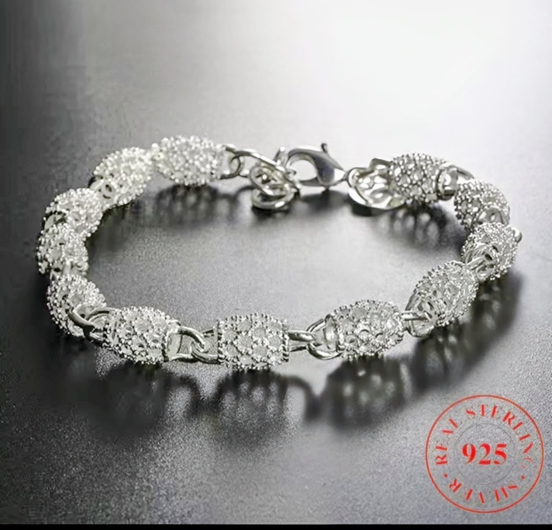 Sterling Silver 925 Filagree Link Chain Bracelet 8in with Lobster Clasp