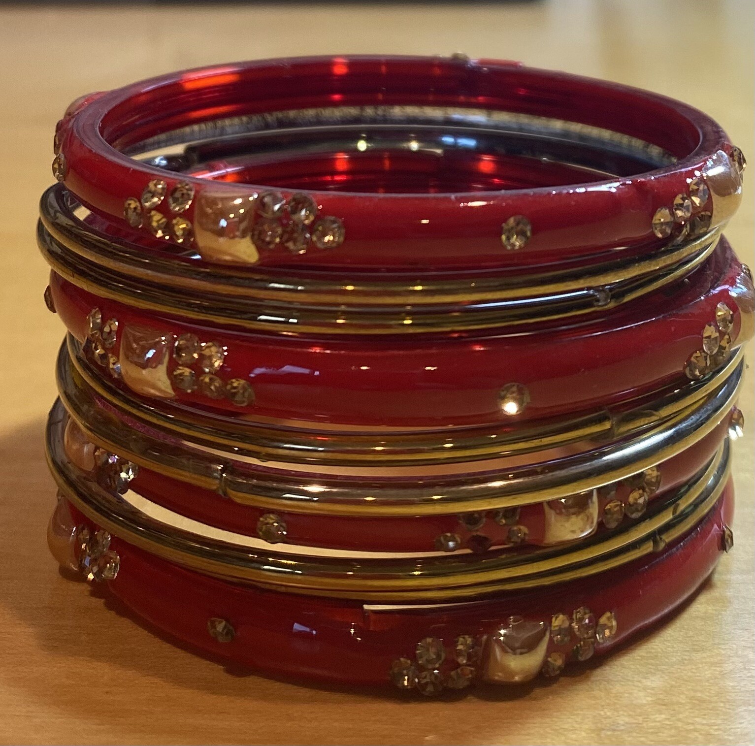 (NEW) Indian Women Red/Golden Jewelry Bangles Set (Size=~5.8cm; 2 4/16 inches)