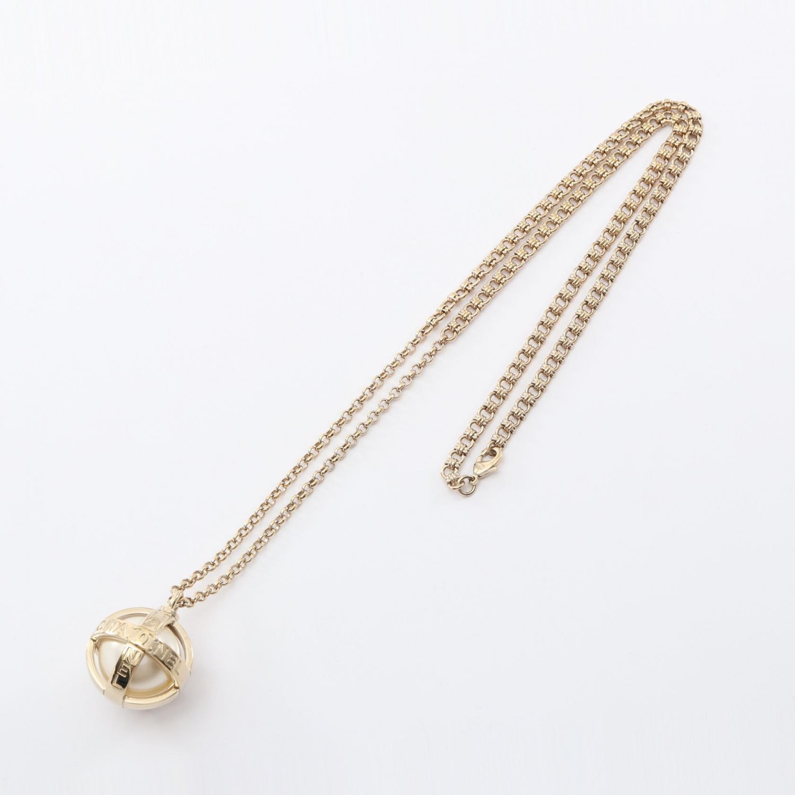 CHANEL COCO Mark logo Necklace Gold Plated Artificial pearl White Used Women CC