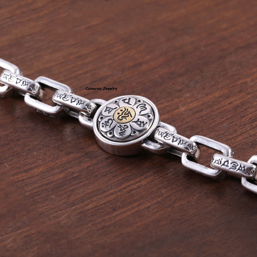 Pure S925 Sterling Silver Chain 8mm Six Words Square O Link Bracelet 7.1-8.7inch