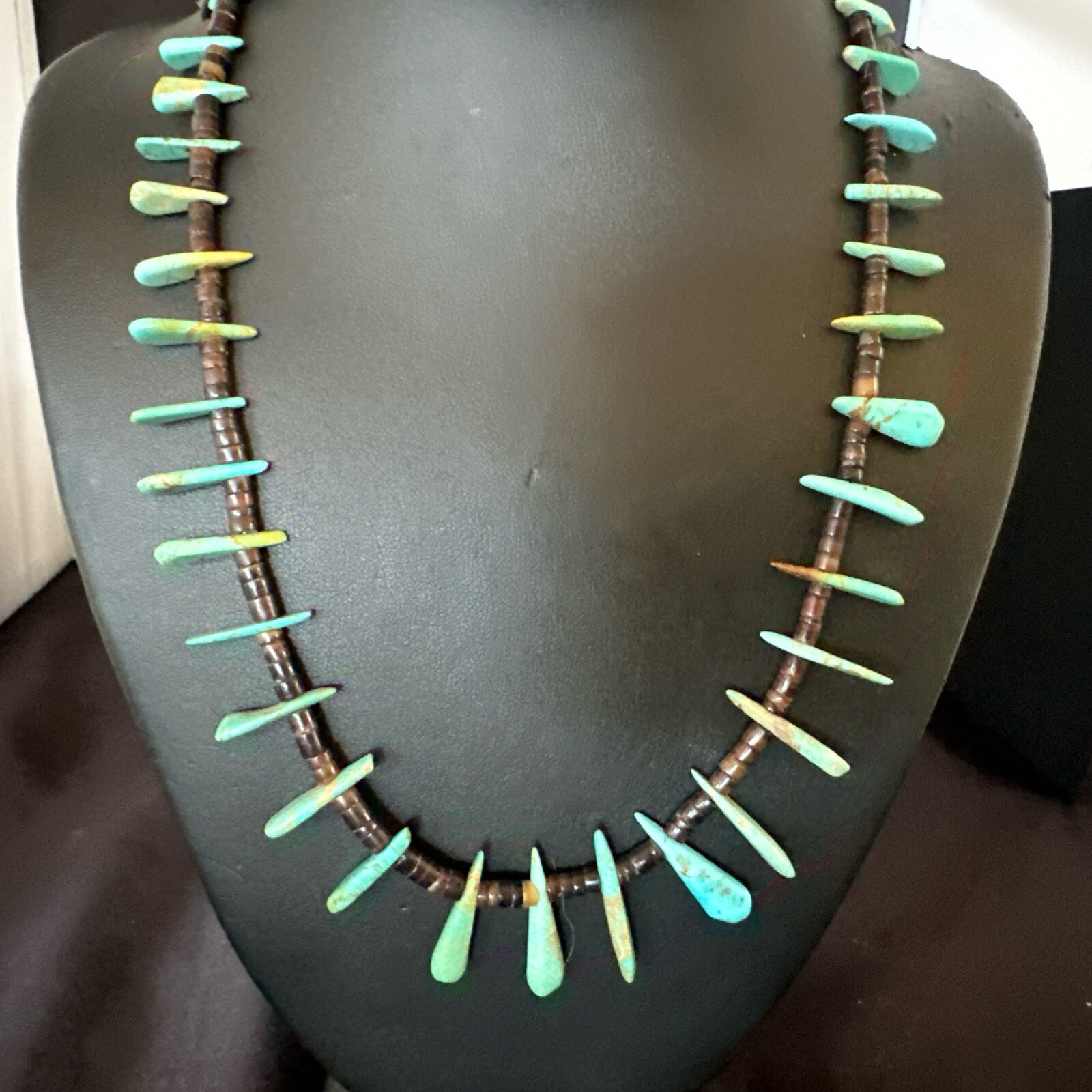 Native Green Turquoise Bone Bead Navajo Sterling Silver Necklace 20″ 17636