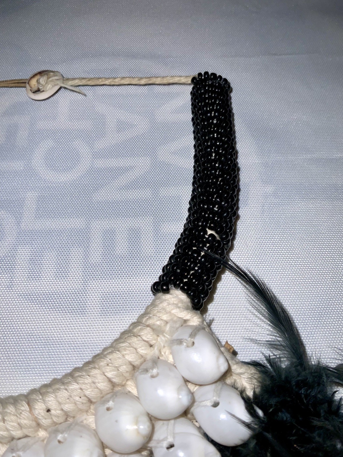 Papua New Guinea Feathered Cowrie Shell Necklace Tribal Band hand weaved Fabric
