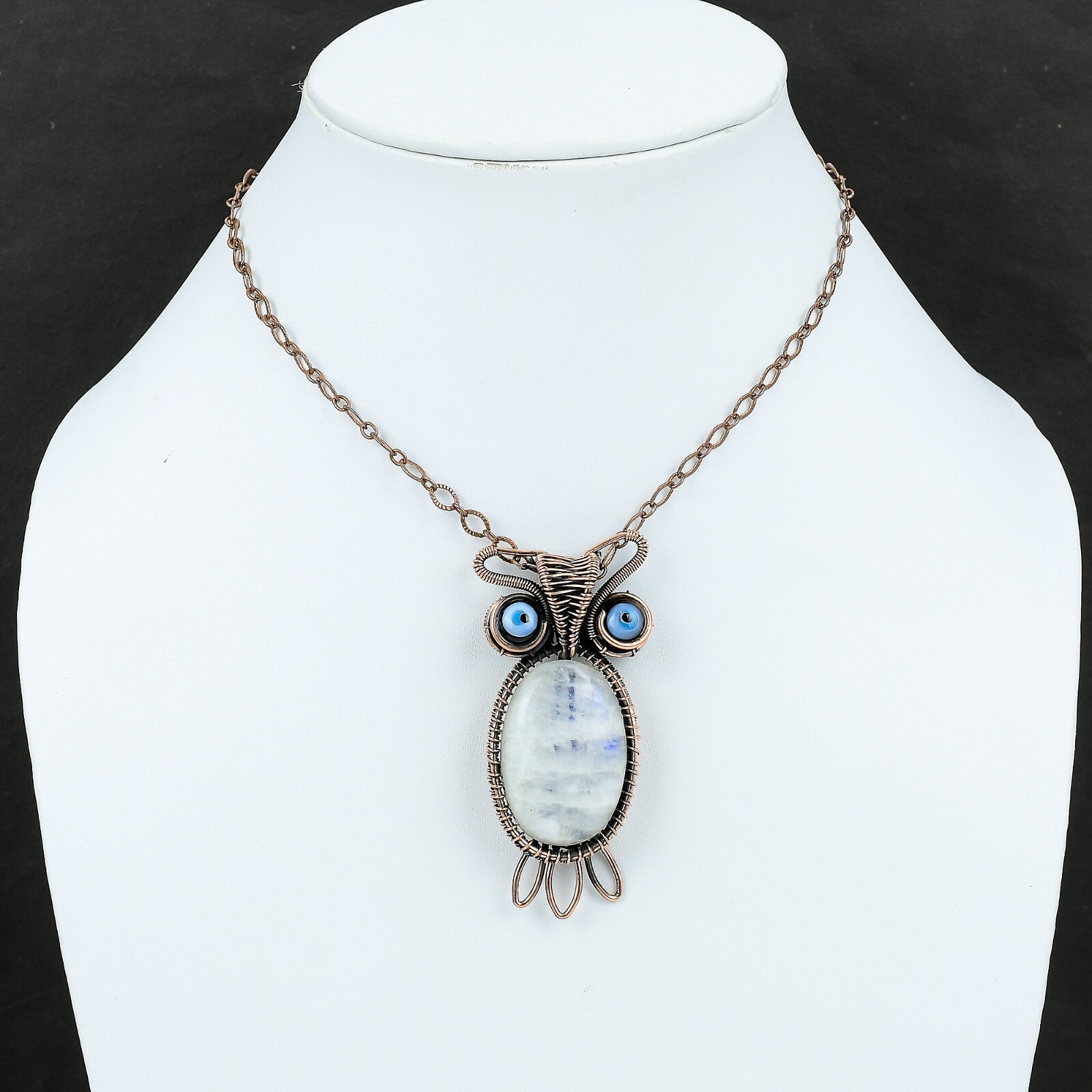 Rainbow Moonstone Wire Wrapped Owl Pendant Handcrafted Copper Ethnic 2.76″
