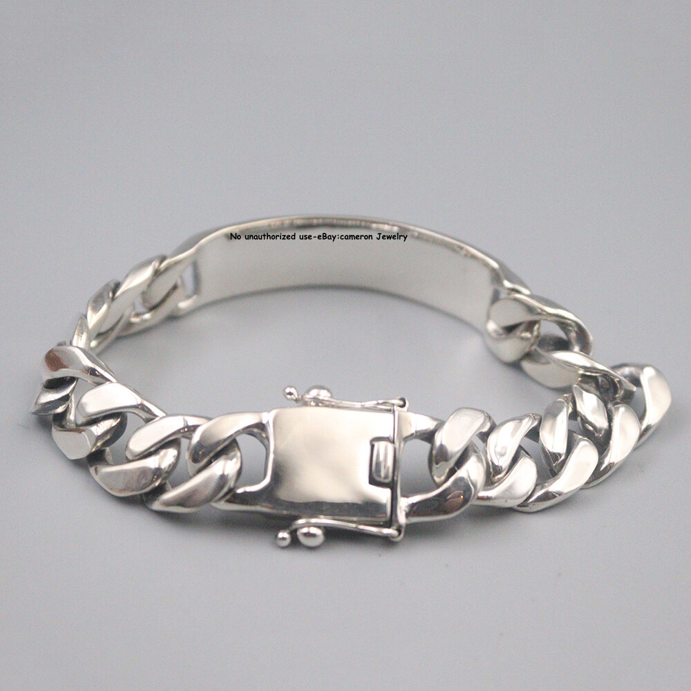 Pure S925 Sterling Silver Bracelet 12mm Cuban Curb ID Link Chain 60-61g 7.9in