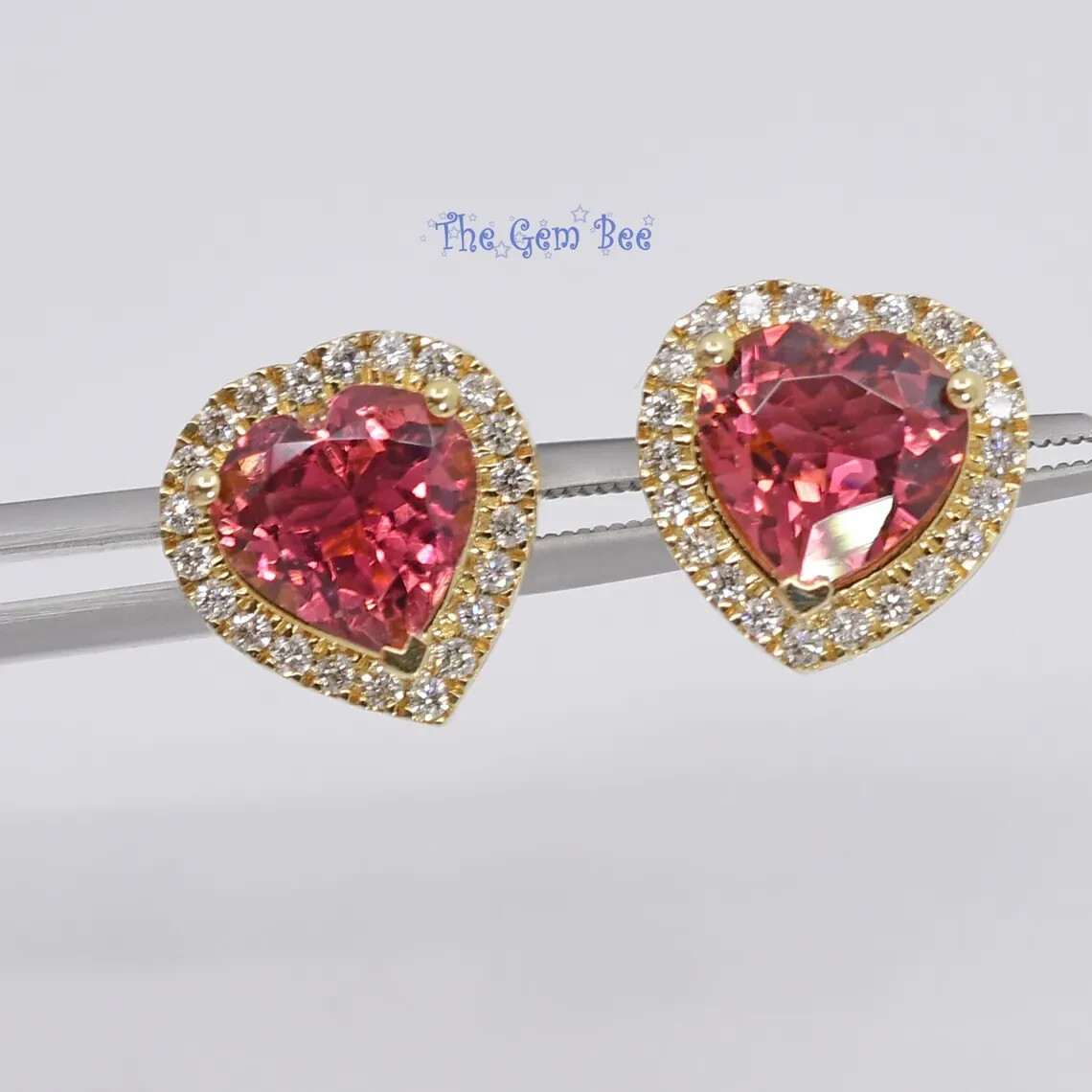 11.6mm 14k Yellow Gold 3.22CT Pink Tourmaline Heart Diamond Halo Ear Stud Post