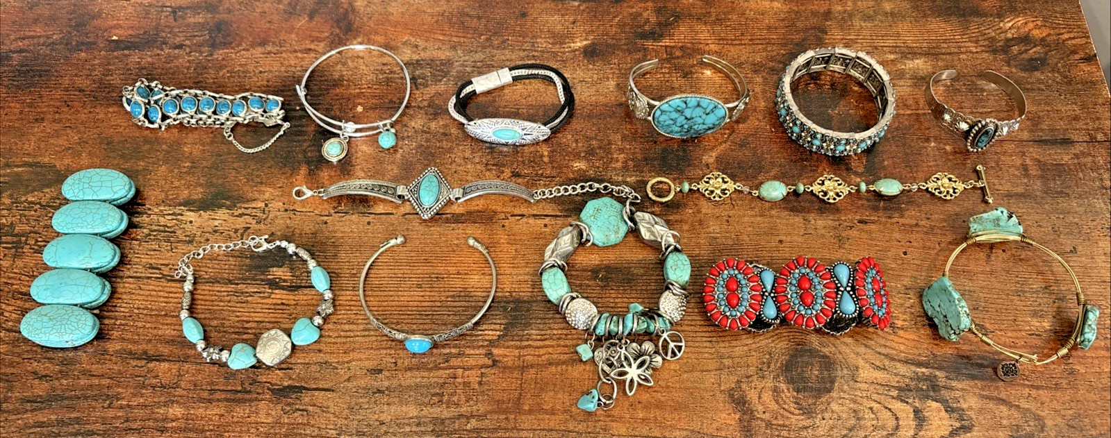 Lot 14 Faux Simulated Turquoise Fashion Jewelry Bracelets Stretch Cuff Tennis
