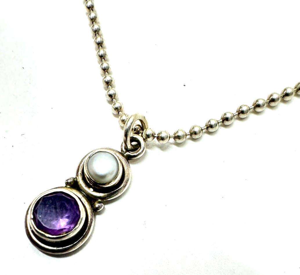 Faceted Amethyst and Cultured Pearl Double Gem 925 Sterling Silver Necklace