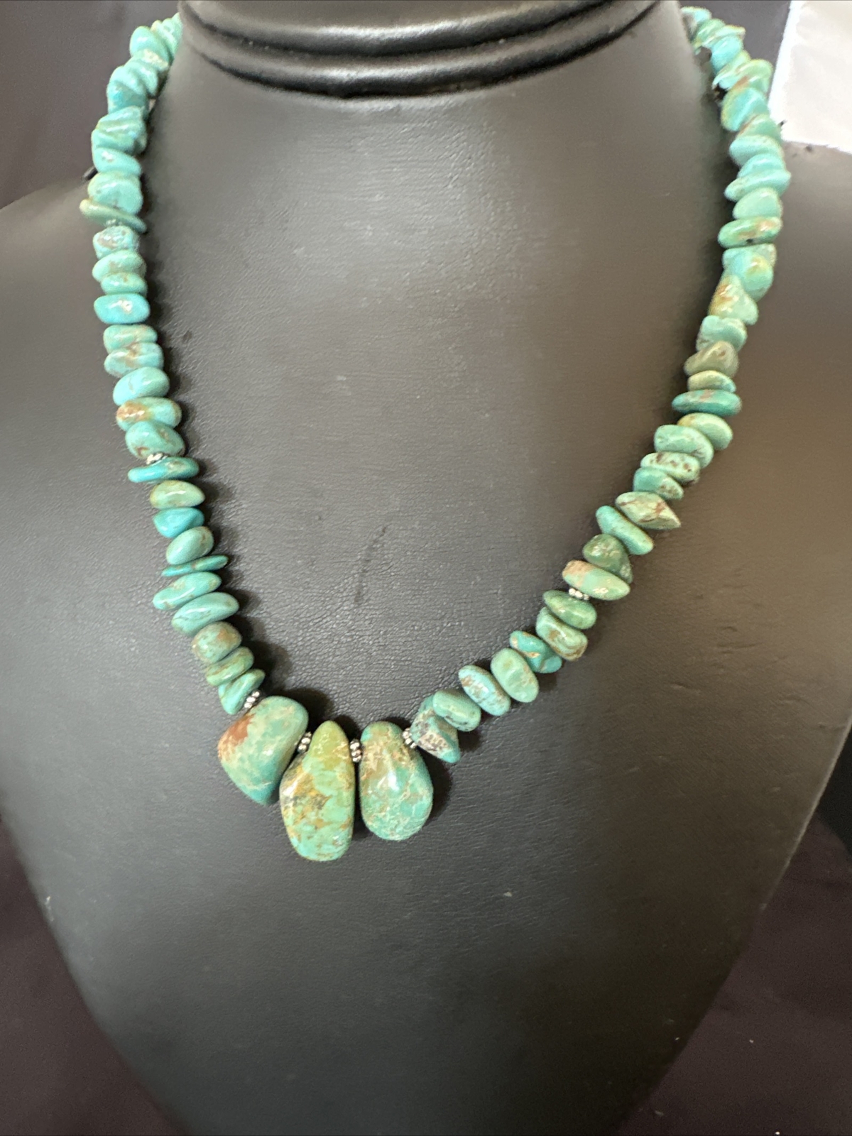 Green Royston Turquoise Bead Navajo Sterling Silver Beads Necklace 16” 15992