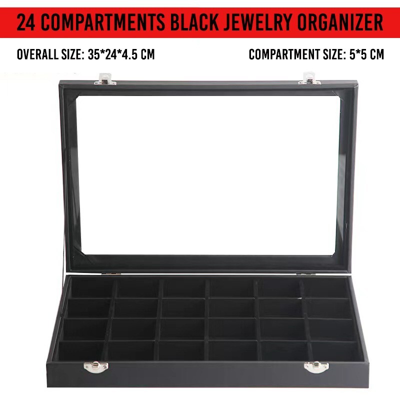 Jewelry Organizer Tray with Clear Lid 24 Grid Velvet Drawer Jewelry Storage