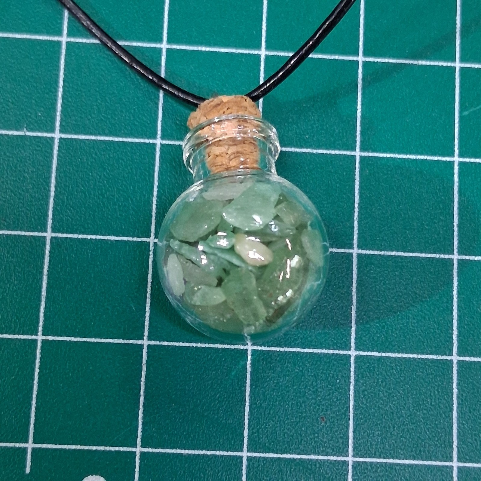 Vintage Green Quartz Clear Glass Jar Black Azure Cotton Cord 18” Necklace