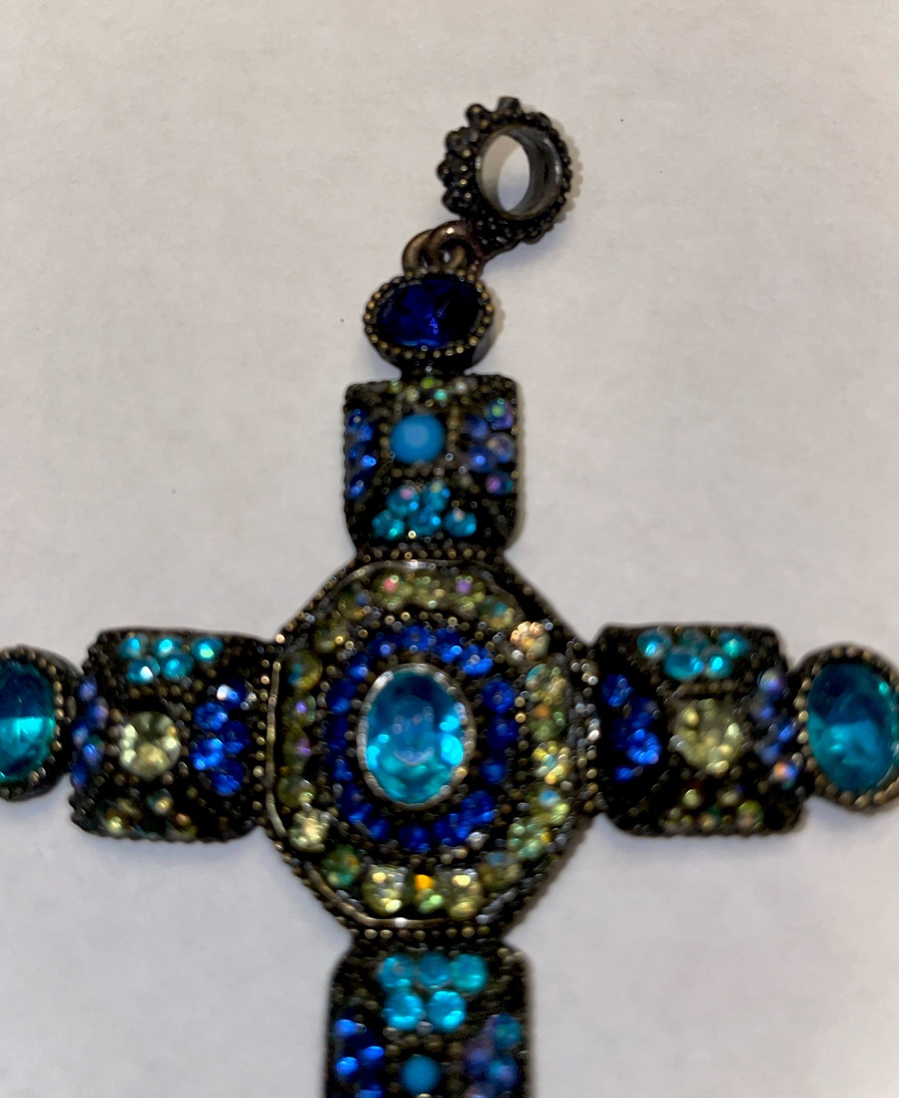 Vintage Cross Pendant Blue Green Other Rhinestones, 3.5”. Beautiful