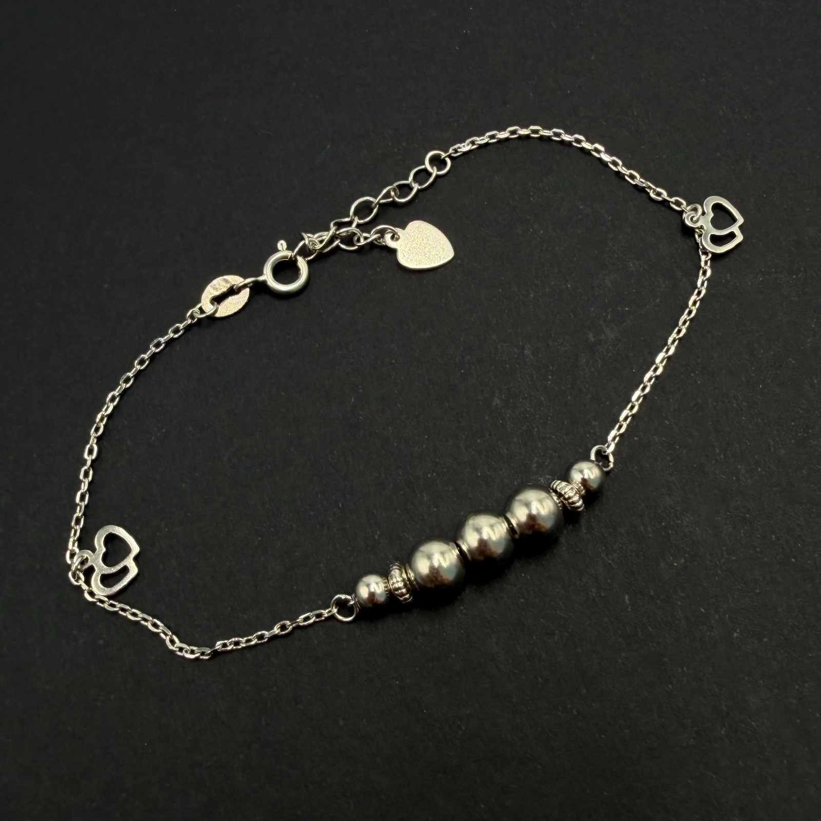 Sterling Silver Graduated Bead Heart Bracelet Adjustable Chain Link Women Gift