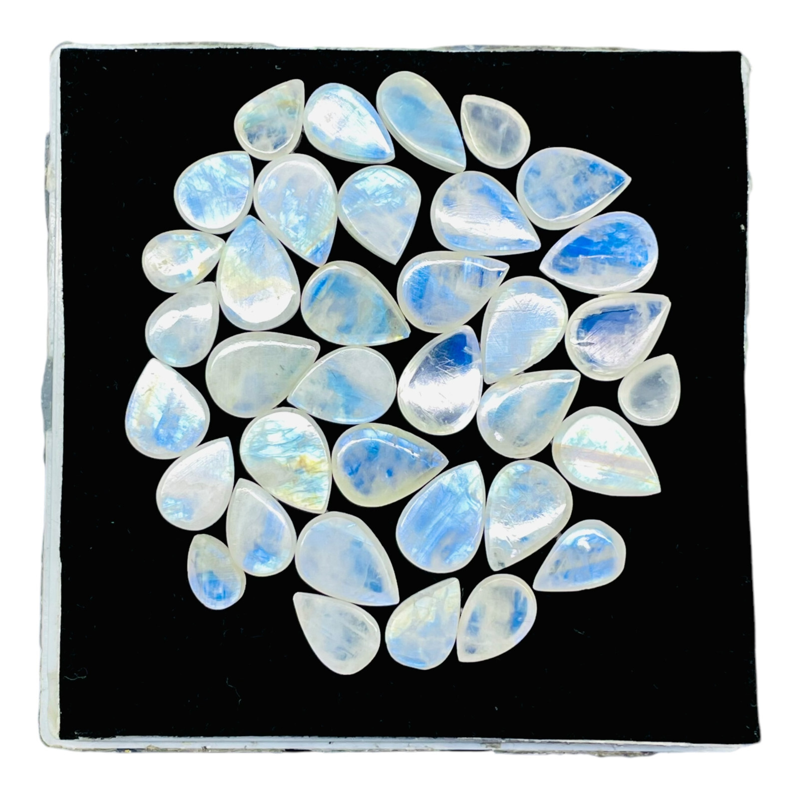 36 Pcs Natural Rainbow Moonstone 10-14mm Pear Blue Flash Cabochon Gemstones Lot