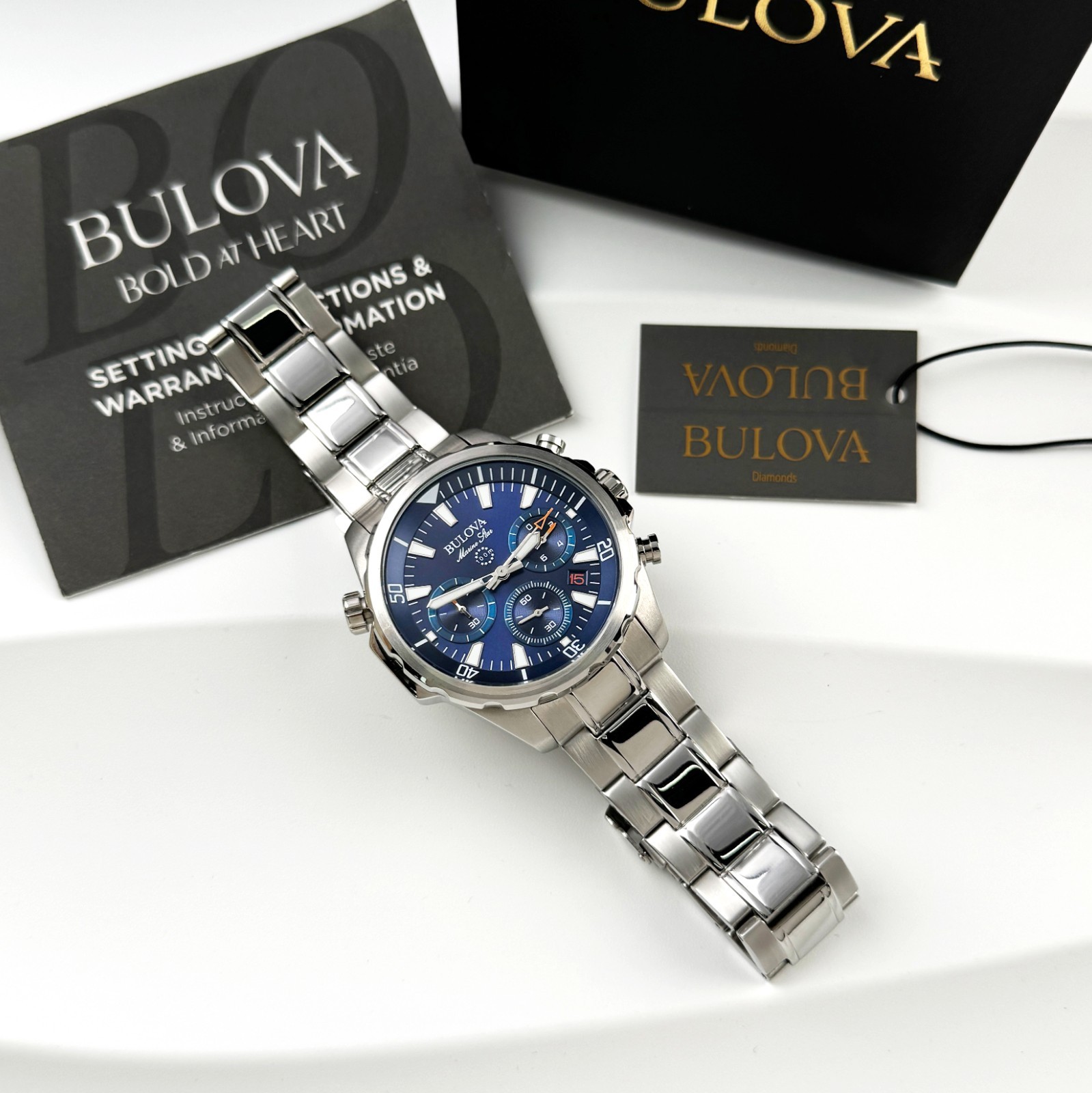 Bulova Men’s New 96B256 Marine Star Chronograph Watch Blue Dial 43mm