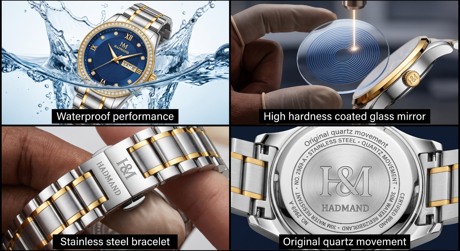 HADMAND Men’s Two Tone Stainless Steel Watch, Day Date Display, Analog Quartz Wr