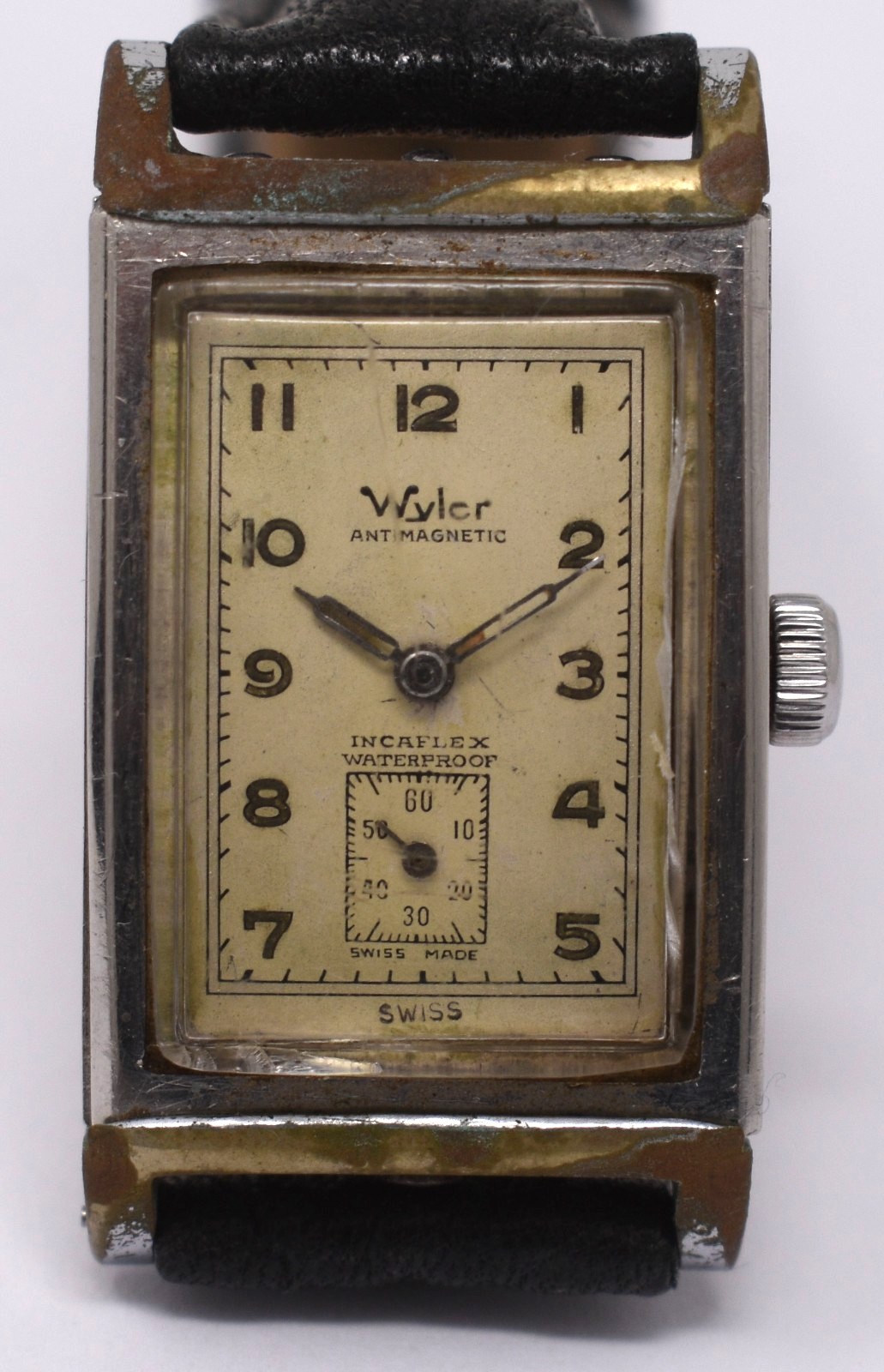 Vintage Mens 1940s Wyler Incaflex Weatherproof X-Long Swiss Tank Wristwatch