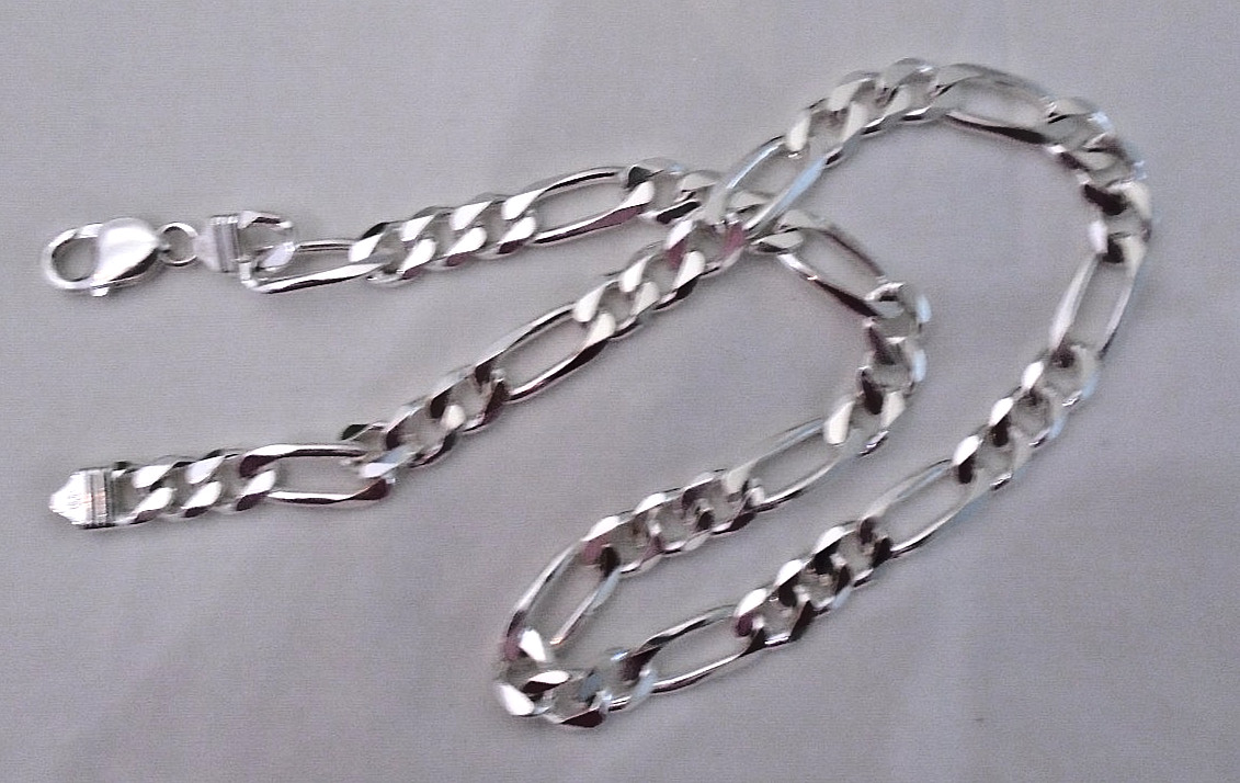 Mens 925 Sterling Silver Figaro Link Chain Necklace Italy 9.5 mm 20″ 67 GRAMS