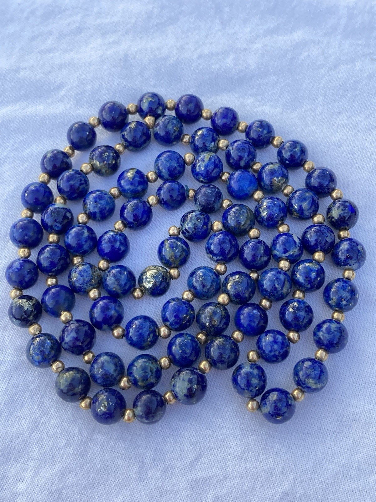 Estate Vintage 30” 7mm Blue Lapis Lazuli & 2mm 14K Gold Beaded Necklace, 57.3g