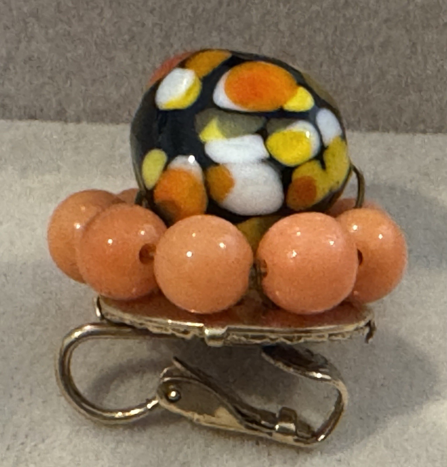 Vintage Murano Style Hand Painted Art Wire Beaded Earrings Colorful Button Coral