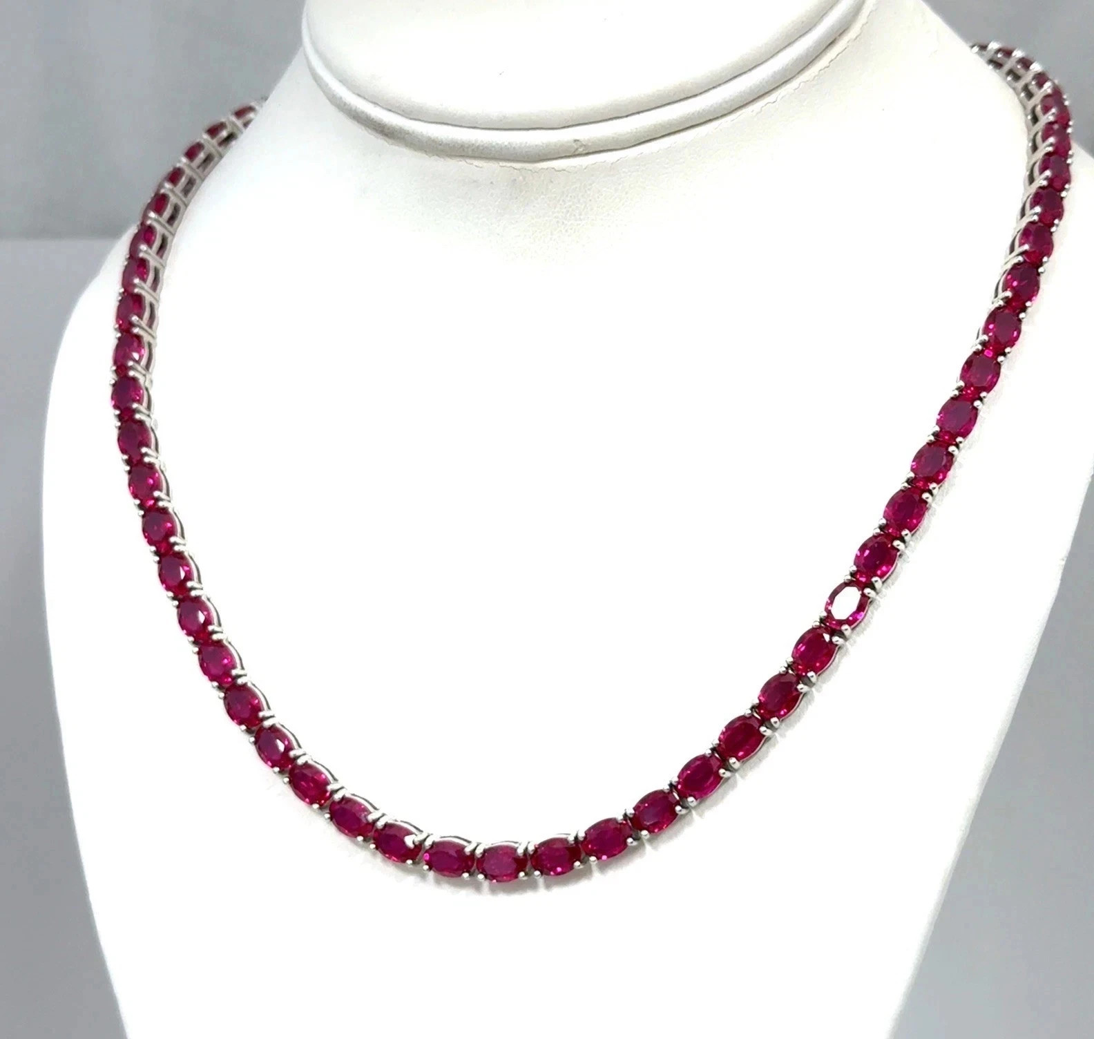 20TCW Oval Cut Lab Created Pink Ruby Tennis Necklace 14k White Gold Plated