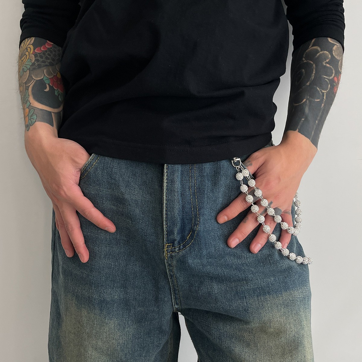Round Chain Cubic Zirconia Bead Waist Chain Stainless Hip-hop Jeans Accessory