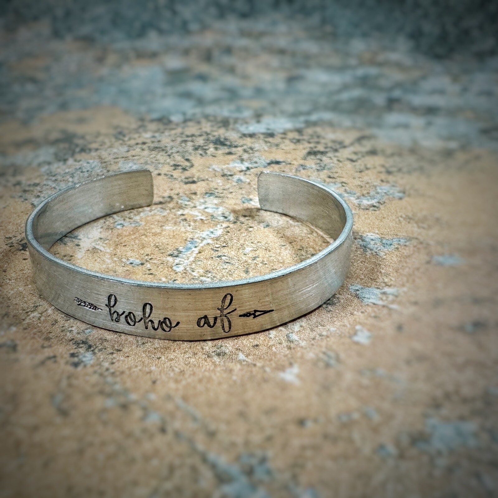 BOHO AF Cuff Womens OS Silver Hand Stamped Stainless Steel Adjustable Bracelet