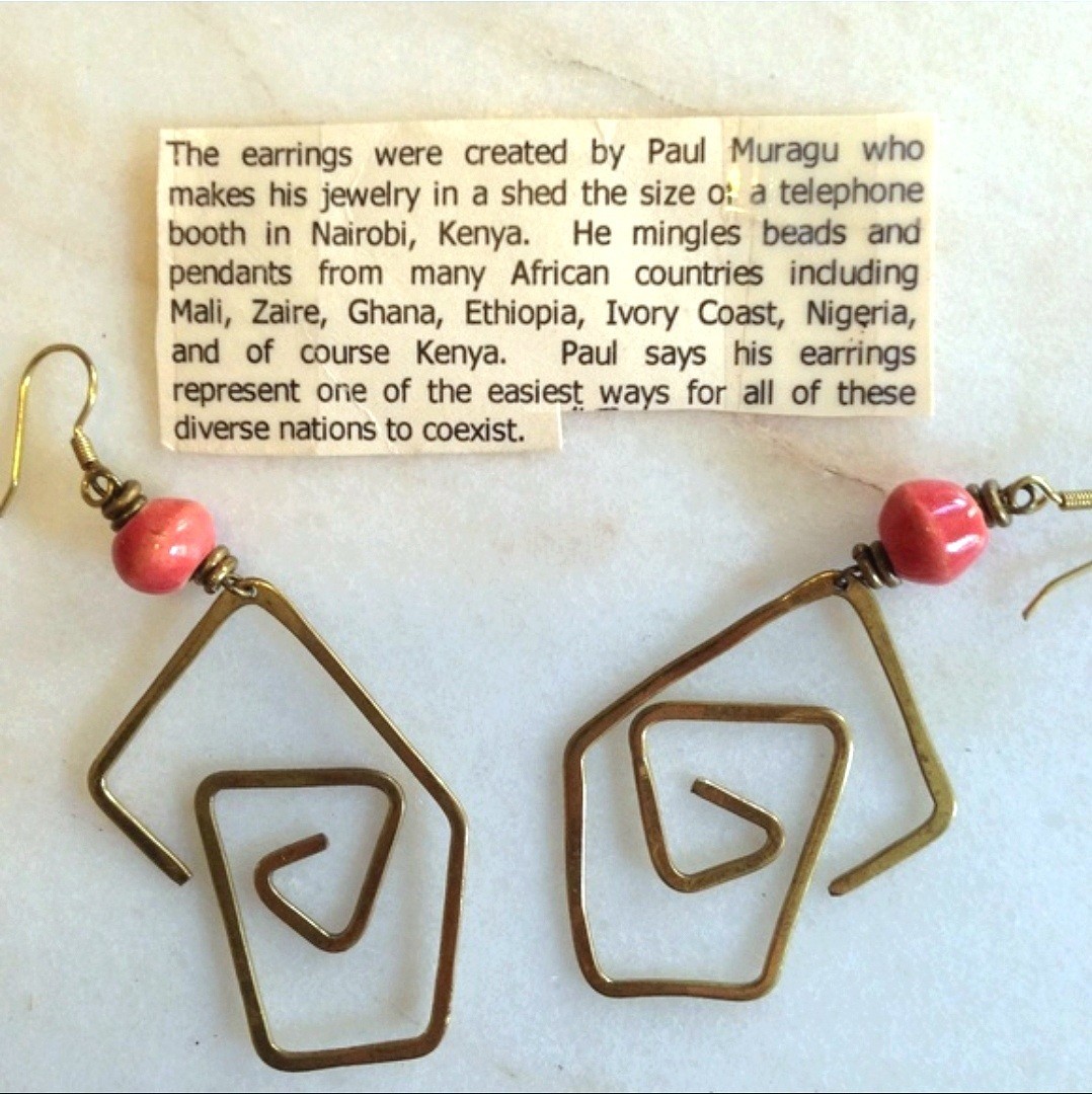 Paul Muragu Nairobi Kenya Handmade Brass Wire Geometric Earrings Red Coral Beads