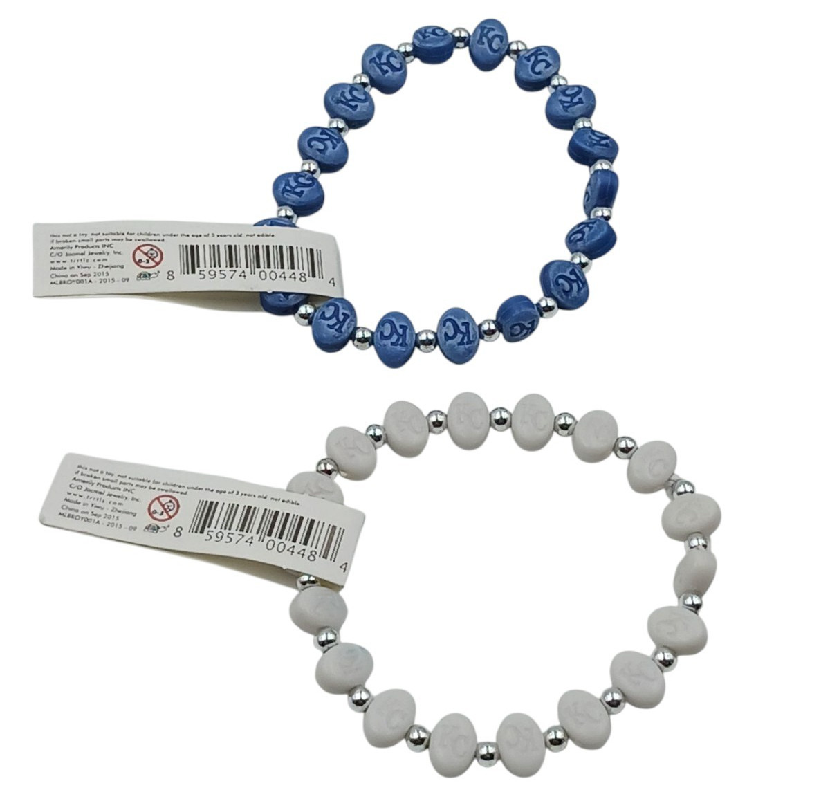 TRRTLZ MLB KC Royals Stretch Bracelet 2 pc Blue And White Silver Bead Spacer