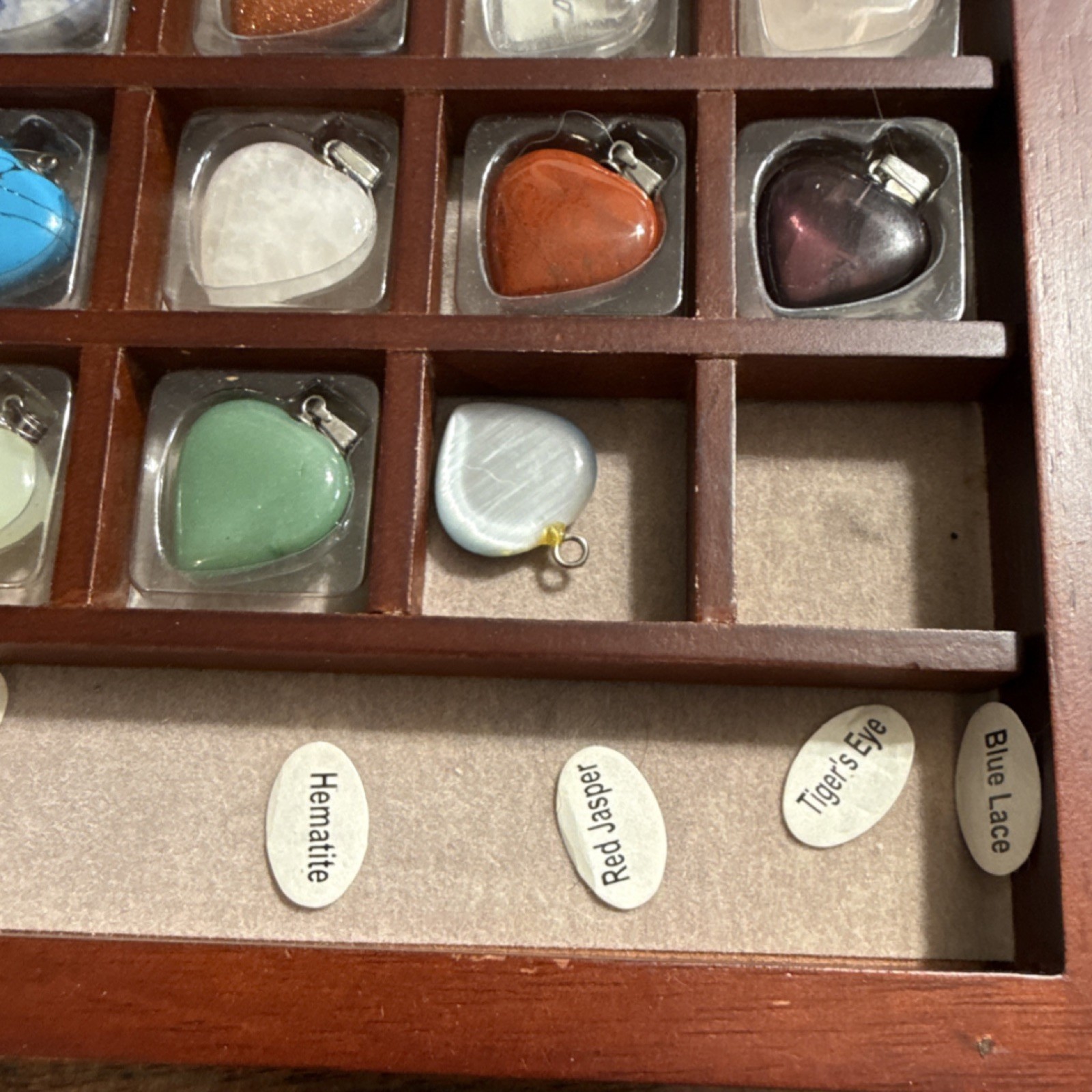 Assorted Gemstone Heart Pendant Charm Multicolor Set Wooden Box Nature Theme