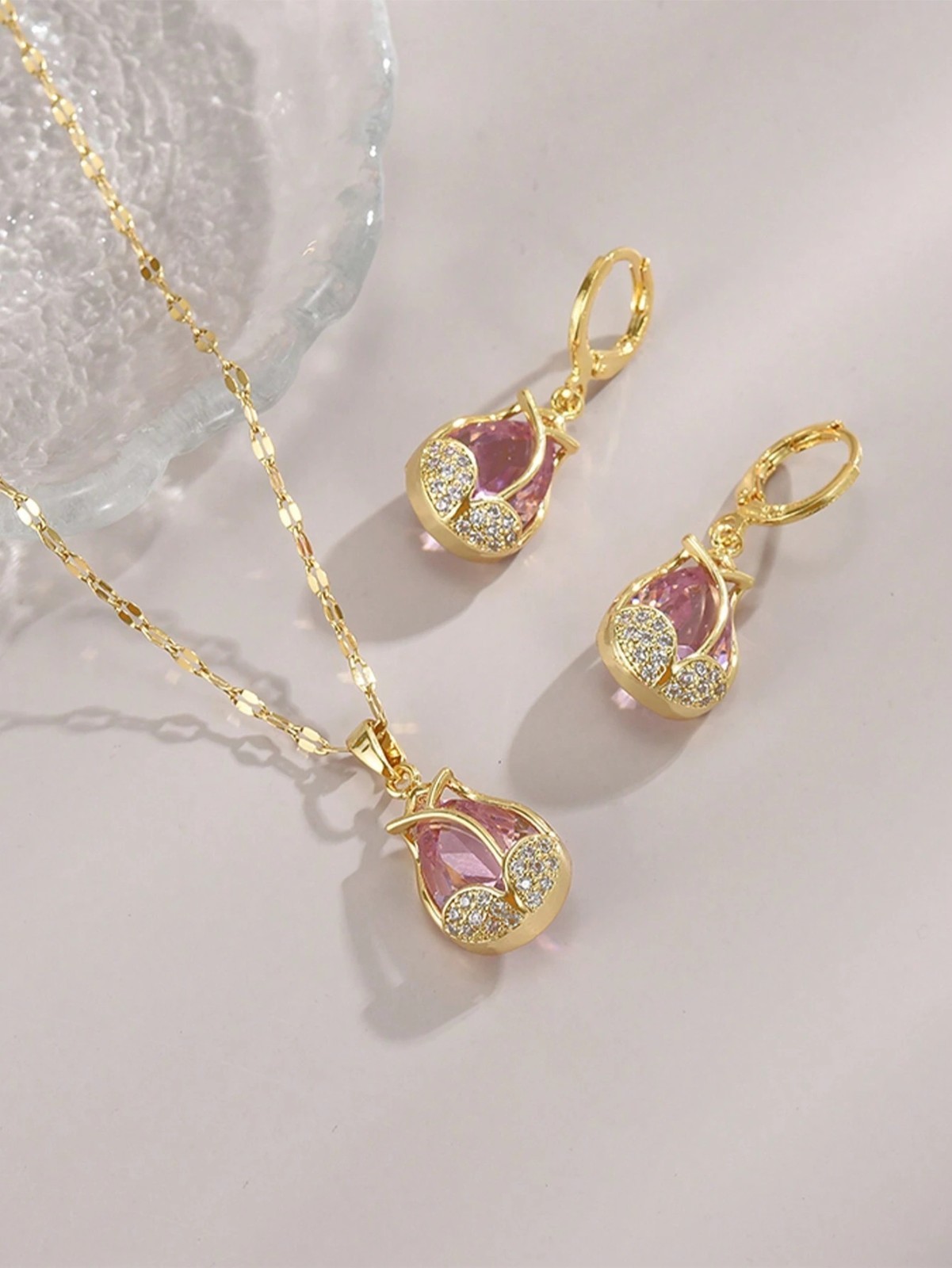 3Pcs/Set Stainless Steel Tulip Decorated With Full Rhinestone Necklace For Women