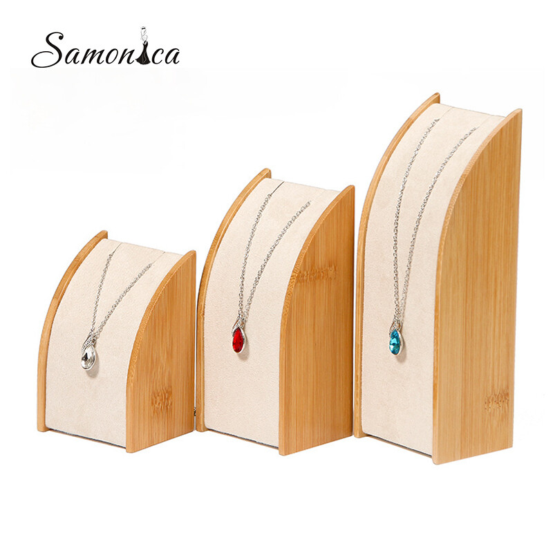 Bamboo Beige Velvet Jewelry Display Rack Storage Necklace Pendant Organizer
