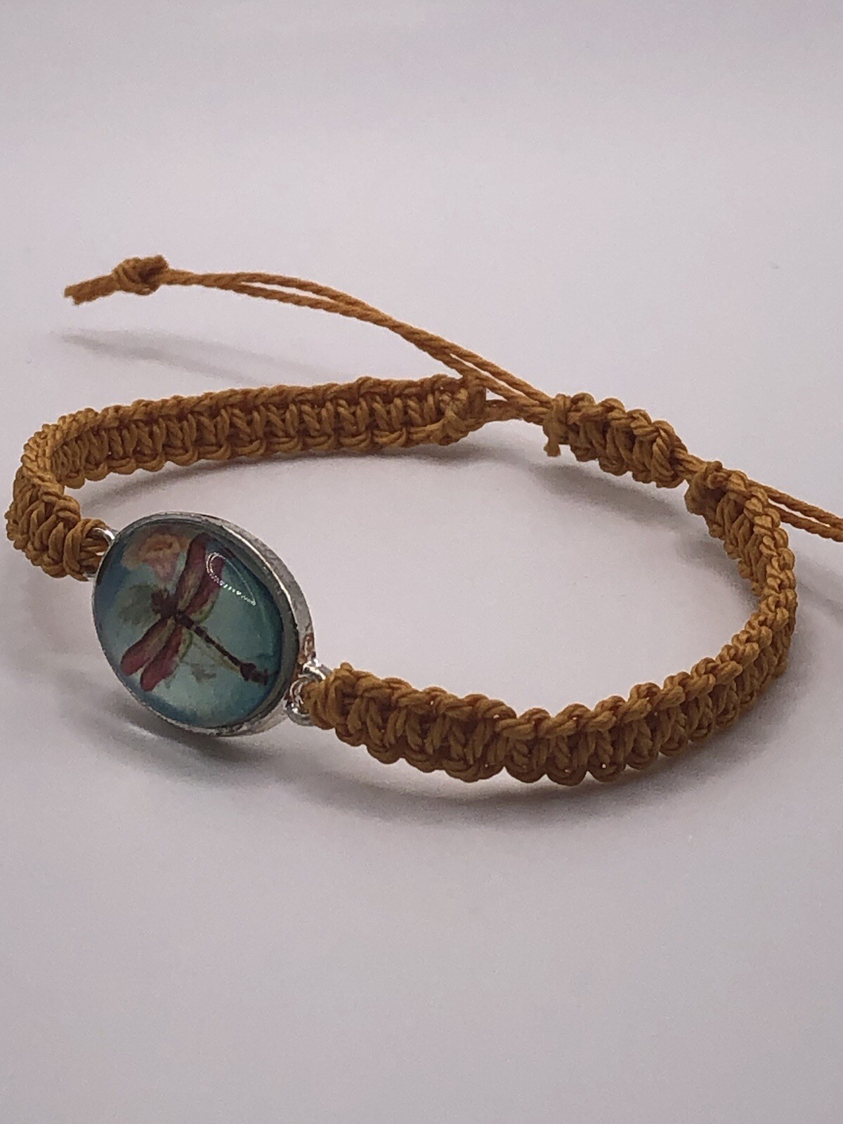 Handmade Macrame Square Knot Adjustable Bracelet with Dragonfly Connector