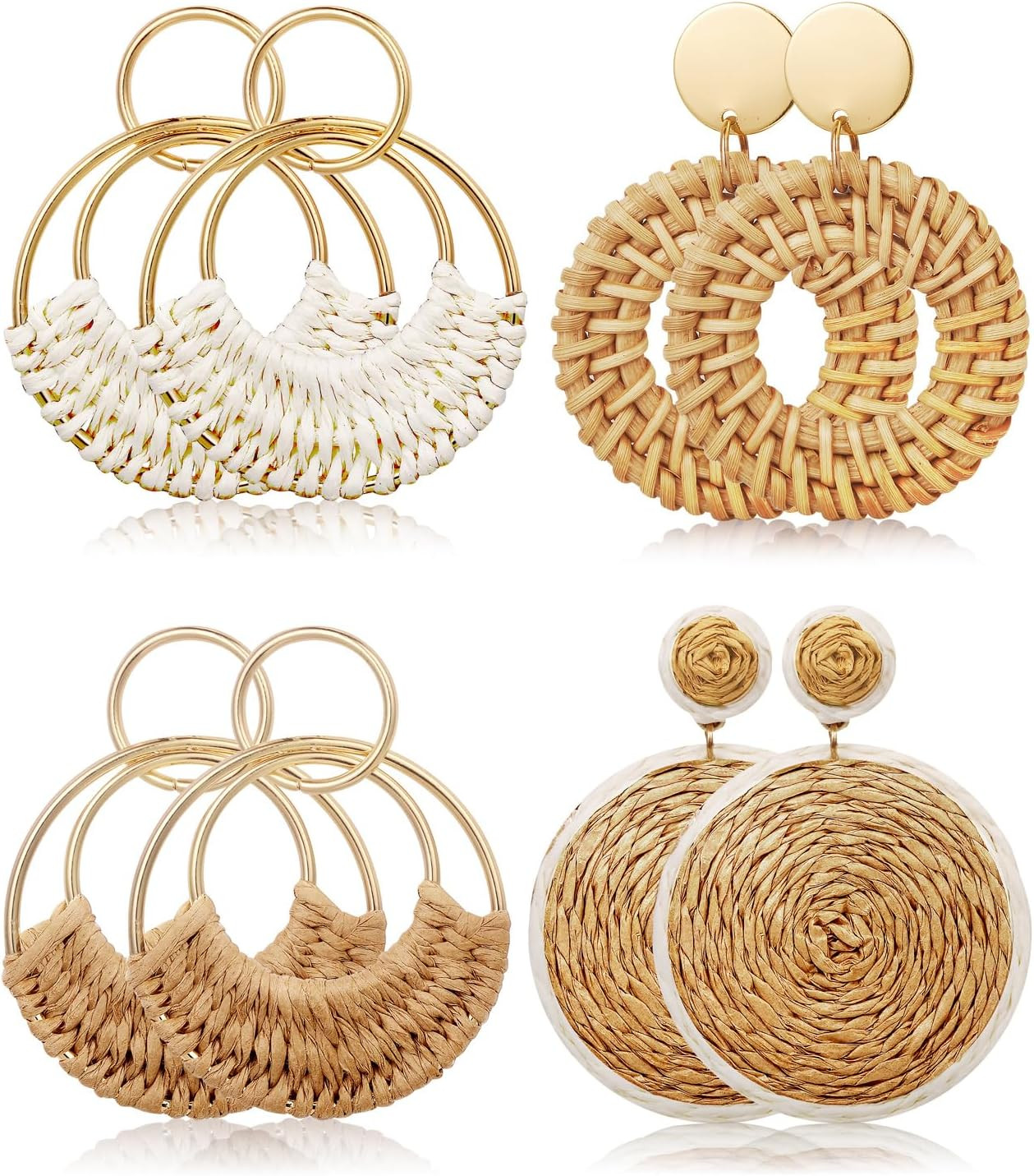 4 Pairs Handmade Raffia Rattan Bohemian round Drop Dangle Earrings for Women, Bo