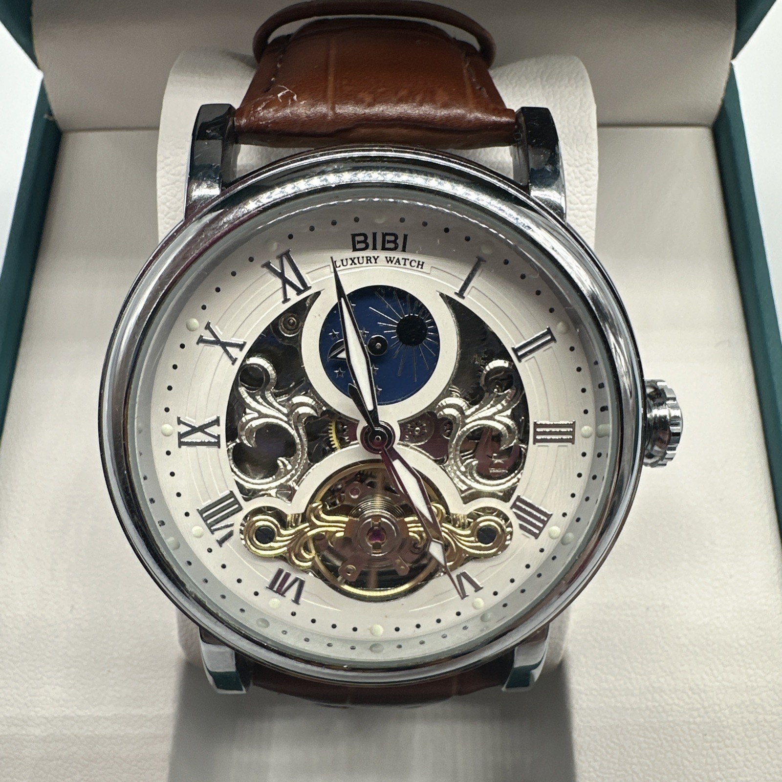 BIBI Men’s Luxury Watch B0108, 47mm Skeleton Dial, Leather Strap, New