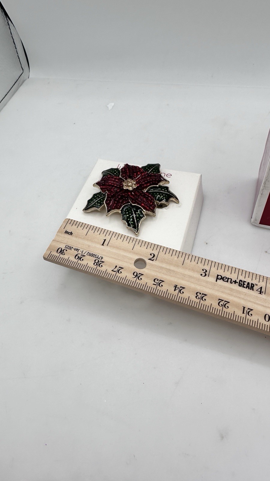 Liz Claiborne Poinsettia Brooch Pin Red Green Rhinestone Beaded w/ Box NWT