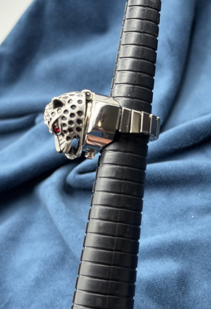 Strada Panther Ring Watch Grey Rhinestones Face Adjustable Hidden Silver Tone