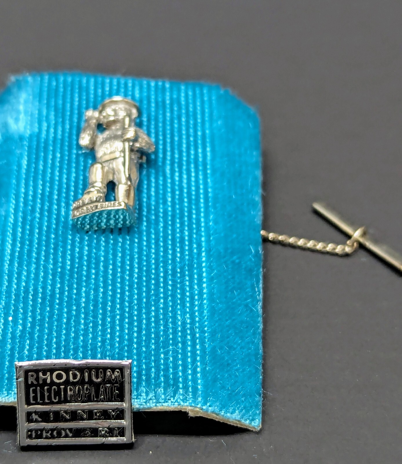 Vintage SMOKEY THE BEAR Tie Pin Tack Chain Rhodium Electroplate KINNEY Silver