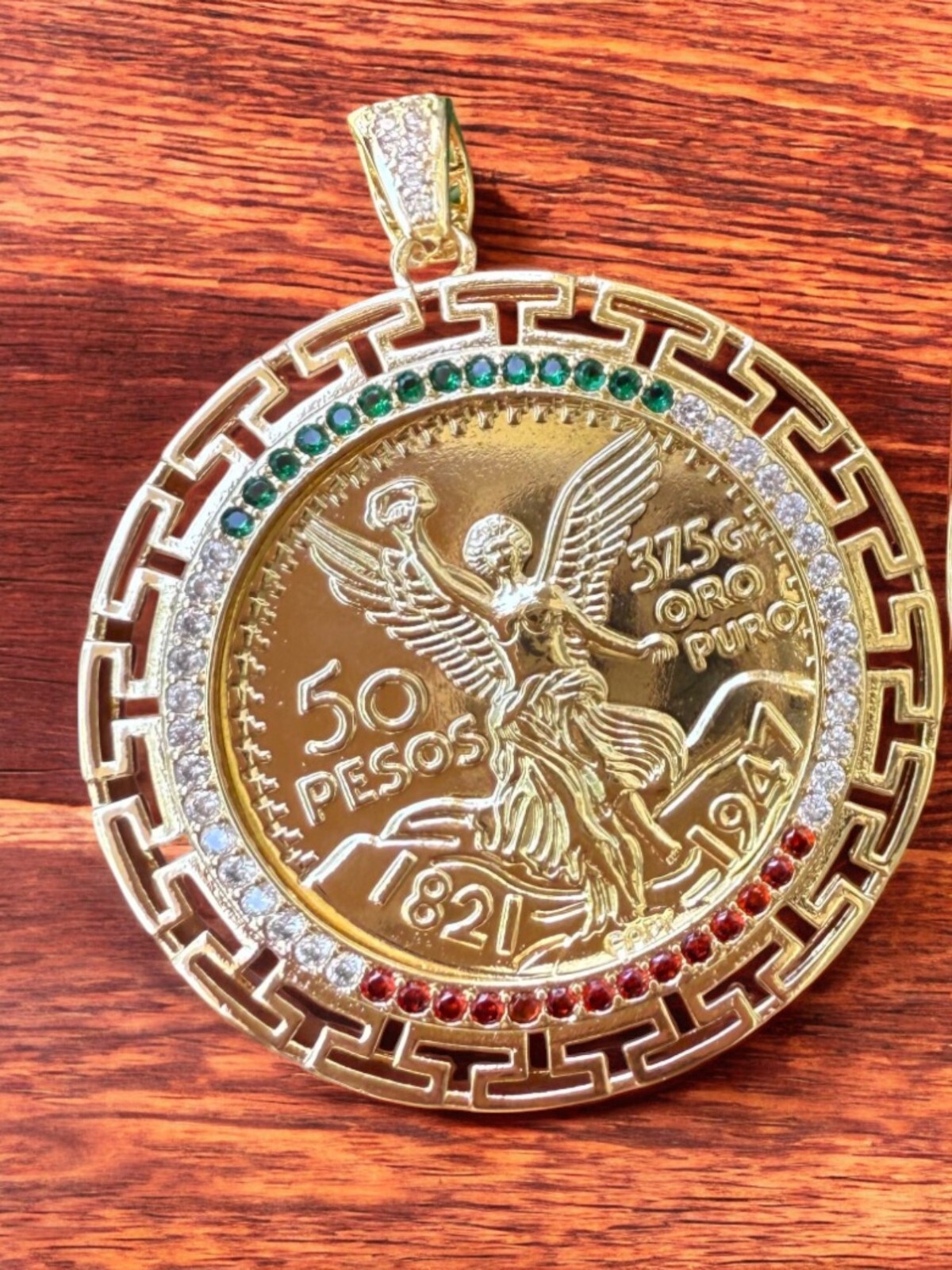 14K GP Mexican Centenario 50 Pesos CZ Pendant Figaro Rope Cuban Necklace Chain