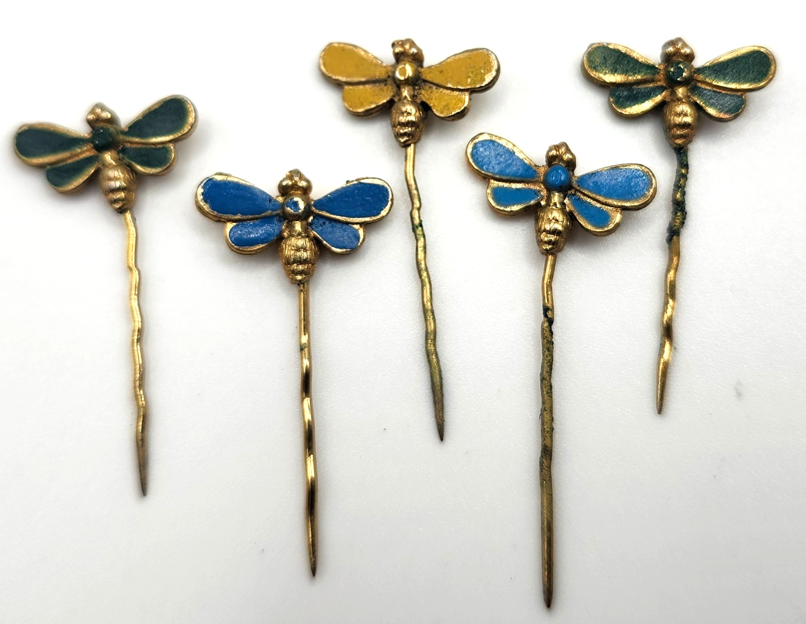 Vintage Dragonfly Insect Pin Set of 5 Metal and Enamel 1″ long