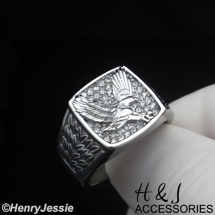 MEN’s Stainless Steel Icy Bling CZ EAGLE Square Ring Size 8-12*ASR153