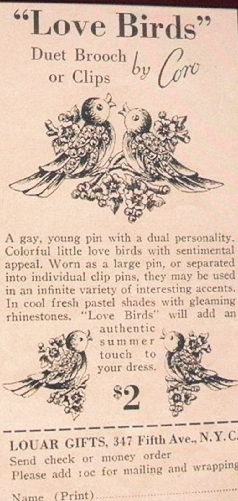 VINTAGE 1940S CORO DUETTE LOVE BIRDS ART DECO CLIPS RHINESTONE PIN BROOCH CRAFT